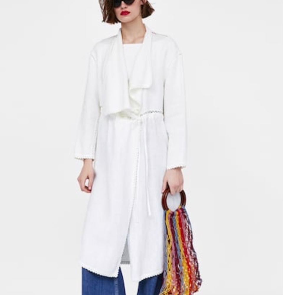 Zara White Lightweight Open-Front Trench with Self-Tie